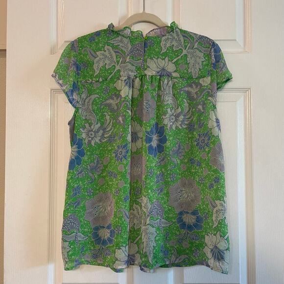 Joie Green Pleat Femme Floral Blouse Cap Sleeves Ruffle Crew Neck size XL - Picture 9 of 13